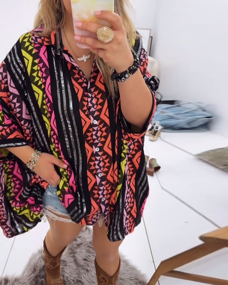 Lockere Bluse mit Revers und Print