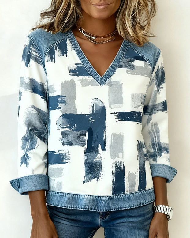Long-Sleeved Ink Painting Patchwork Sweatshirt