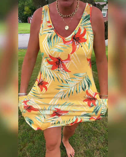 Ärmelloses, gerades Kleid mit V-Ausschnitt und Blumenmuster