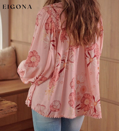 Multicolor Floral Tasseled V Neck Puff Sleeve Blouse All In Stock clothes Color Pink Occasion Daily Print Floral Season Spring Style Southern Belle