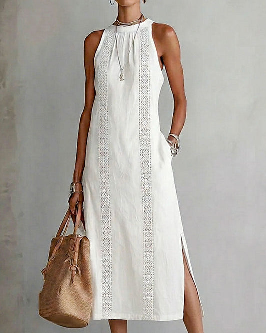 Sleeveless Lace Patchwork Linen Cotton Midi Dress