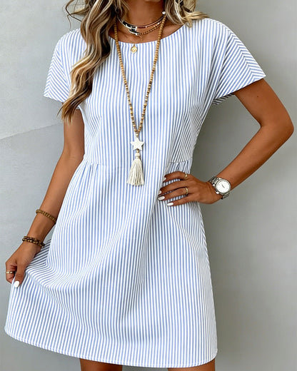 Striped Crew Neck Cinched Waist Short Sleeve Dress