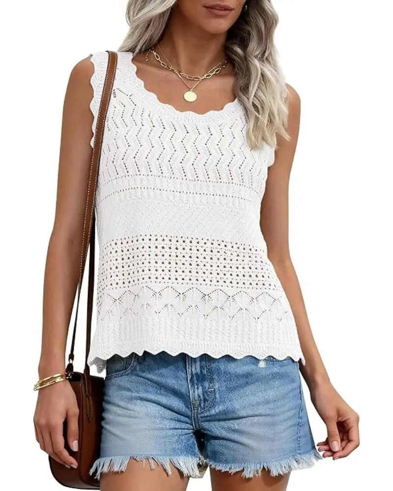 Hollow-Out Wavy Edge Sleeveless Tank Top