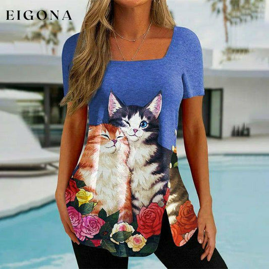 Asymmetrical Cat And Floral Print Blouse Blue best Best Sellings clothes Plus Size Sale tops Topseller