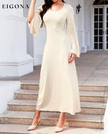 Tie Back Ribbed Round Neck Long Sleeve Dress casual dresses clothes dresses long sleeve dress long sleeve dresses maxi dress Ship From Overseas Y&M