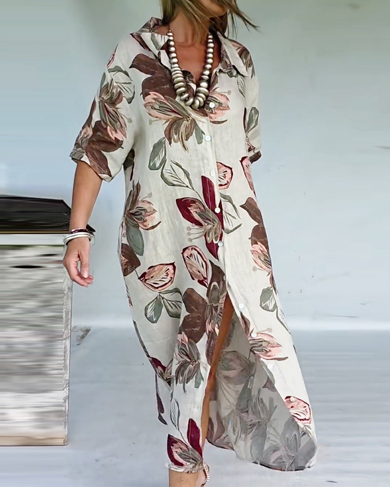 Stylish Lapel-Collar Printed Dress