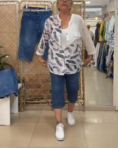 Bedruckte Kontrastbluse mit Dreiviertelärmeln