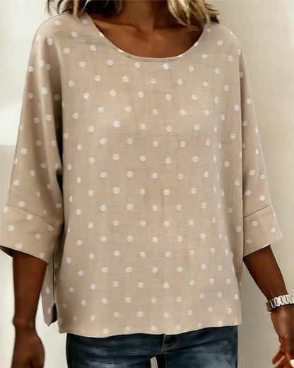 Three-Quarter Sleeve Polka Dot Crew Neck Blouse
