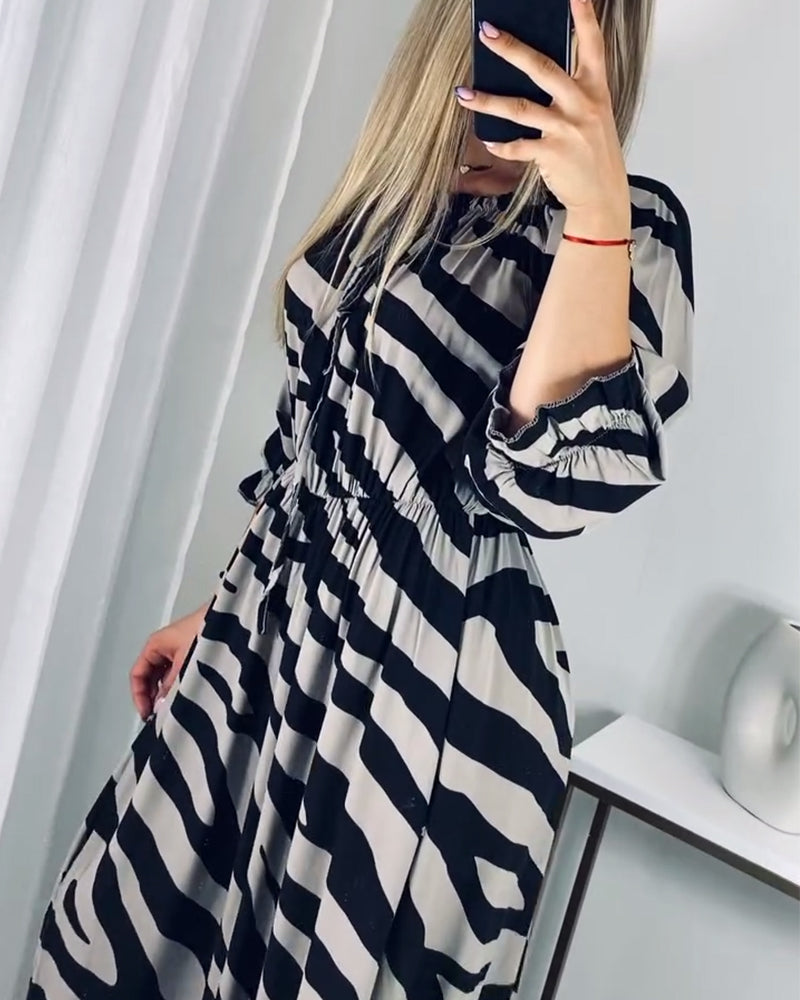 Contrast stripe print slit elegant dress casual dresses spring