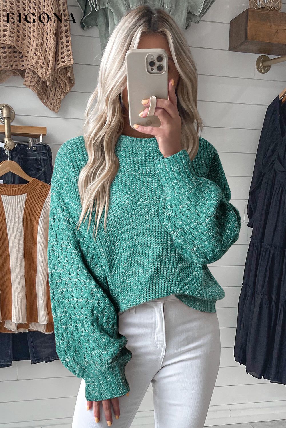 Sea Green Cable Knit Sleeve Drop Shoulder Sweater All In Stock clothes Color Green EDM Monthly Recomend Hot picks Occasion Daily Print Solid Color Season Winter Style Southern Belle sweater sweaters