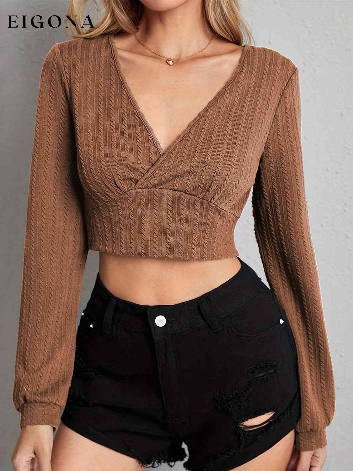 V Neck Crop Top Tan clothes crop top crop tops Ship From Overseas shirt shirts X@Y@F