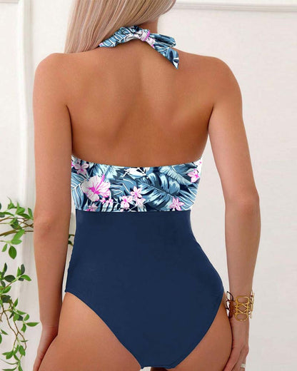 Colorblock Printed Chest Tie One-Piece Swimsuit