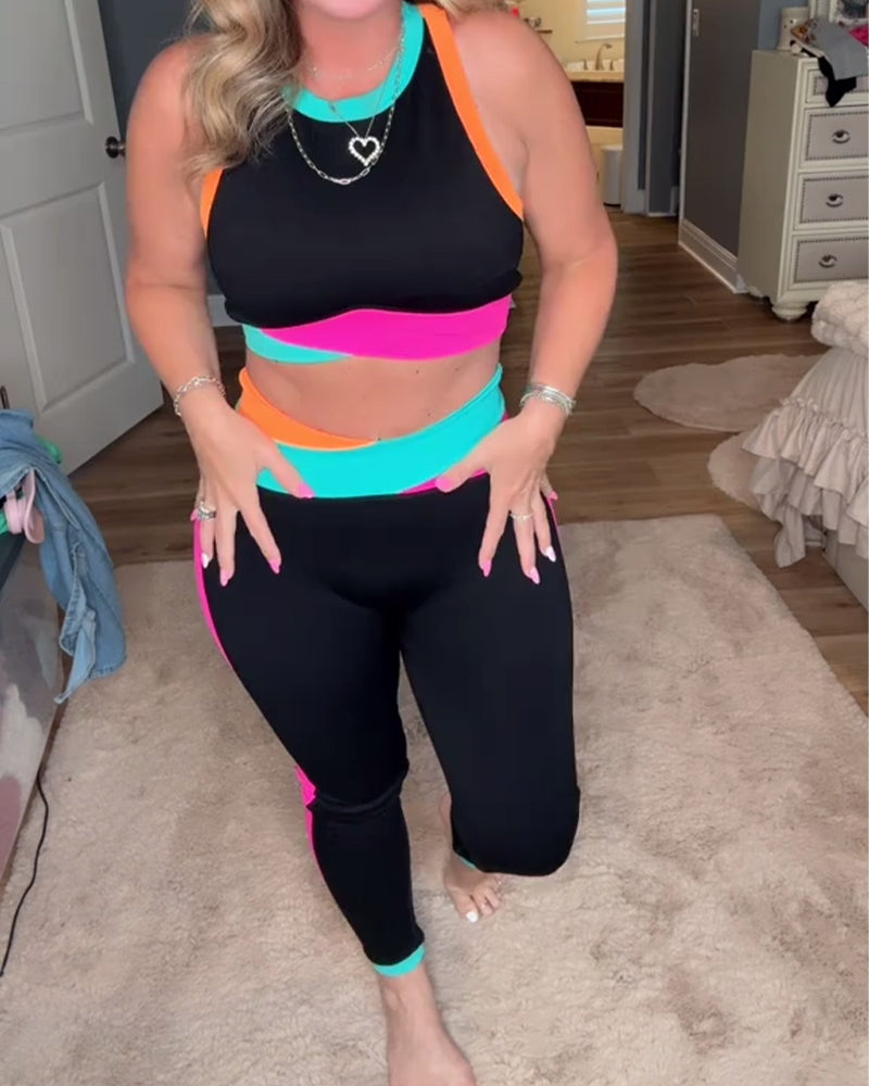 Sporty Color-Blocked Sleeveless Two-Piece Set