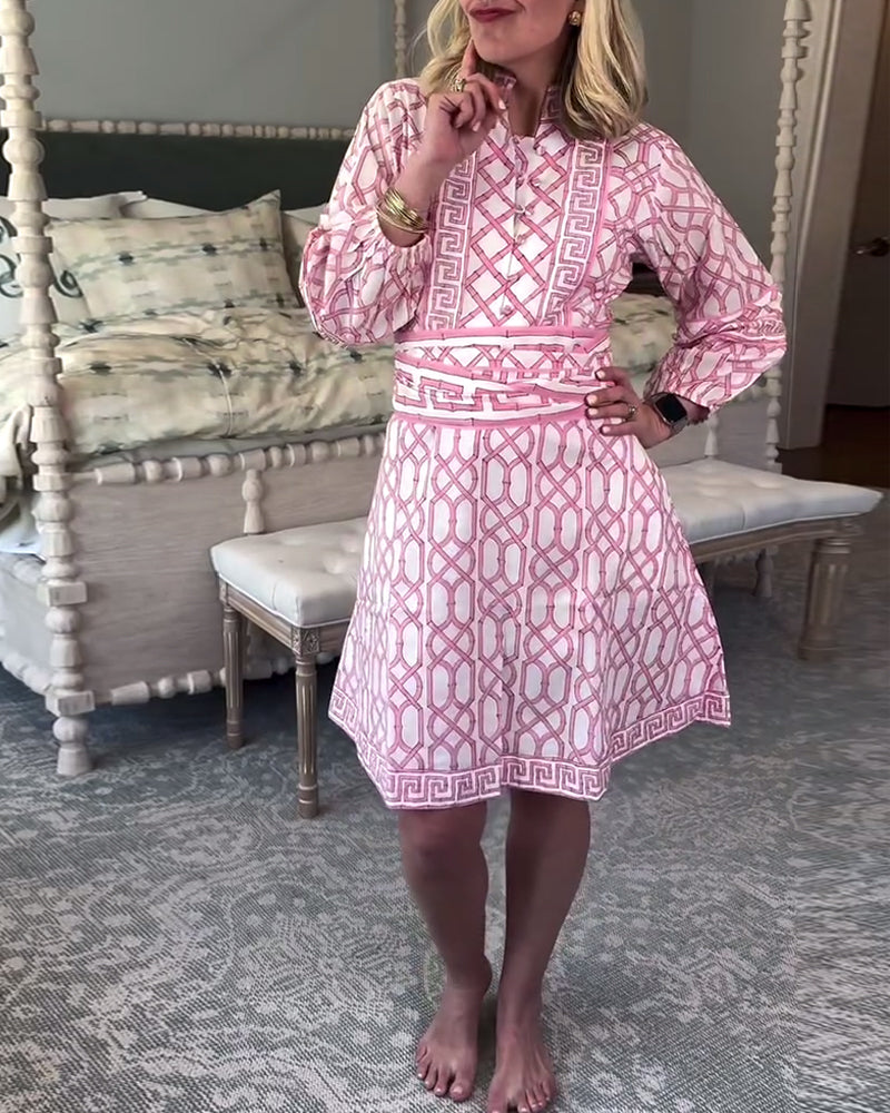 Loses Kleid mit Laternenärmeln, Stehkragen und Print