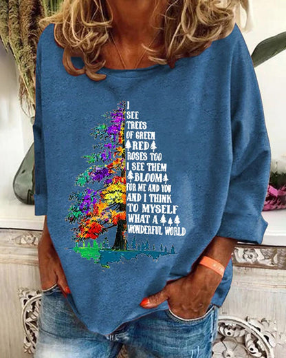 Women'S Retro Hippie Christmas I See Trees Of Green, Red Roses Too I See Them Bloom For Me And You And I Think To Myself What A Wonderful World Print Sweatshirt 2024 f/w christmas hoodies & sweatshirts