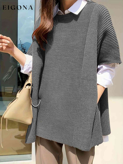 Plus Size Round Neck Slit Short Sleeve Sweater Charcoal clothes M@Z@L Ship From Overseas