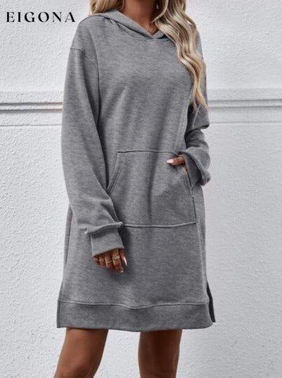 Slit Long Sleeve Hooded Dress with Pocket Charcoal Changeable clothes Ship From Overseas