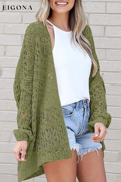 Openwork Open Front Long Sleeve Cardigan Matcha Green cardigan cardigans clothes Ship From Overseas X.W