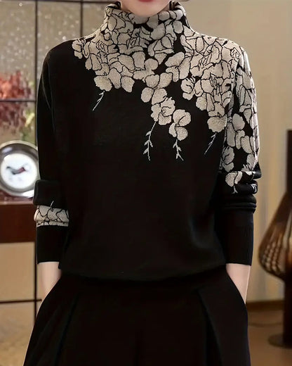 Fashion Turtleneck Floral Jacquard Pullover