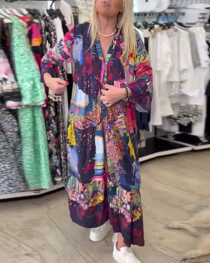 Trumpet Sleeve Loose Print Swing Dress