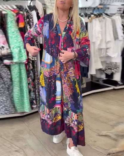 Trumpet Sleeve Loose Print Swing Dress