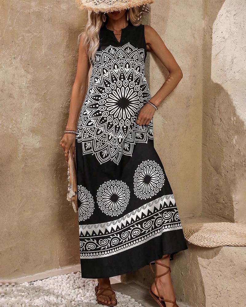 Retro print pocket sleeveless maxi dress casual dresses summer vacation dresses