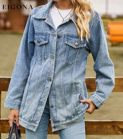 Collared Neck Denim Jacket With Pockets clothes Jackets & Coats M.F Ship From Overseas