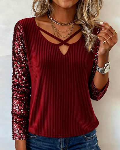 Sequin Panel Long-Sleeved Top