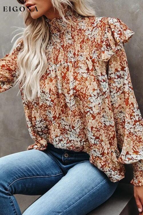 Floral Smocked Lantern Sleeve Ruffled Blouse clothes long sleeve shirt long sleeve shirts long sleeve top long sleeve tops Ship From Overseas shirt shirts SYNZ top tops
