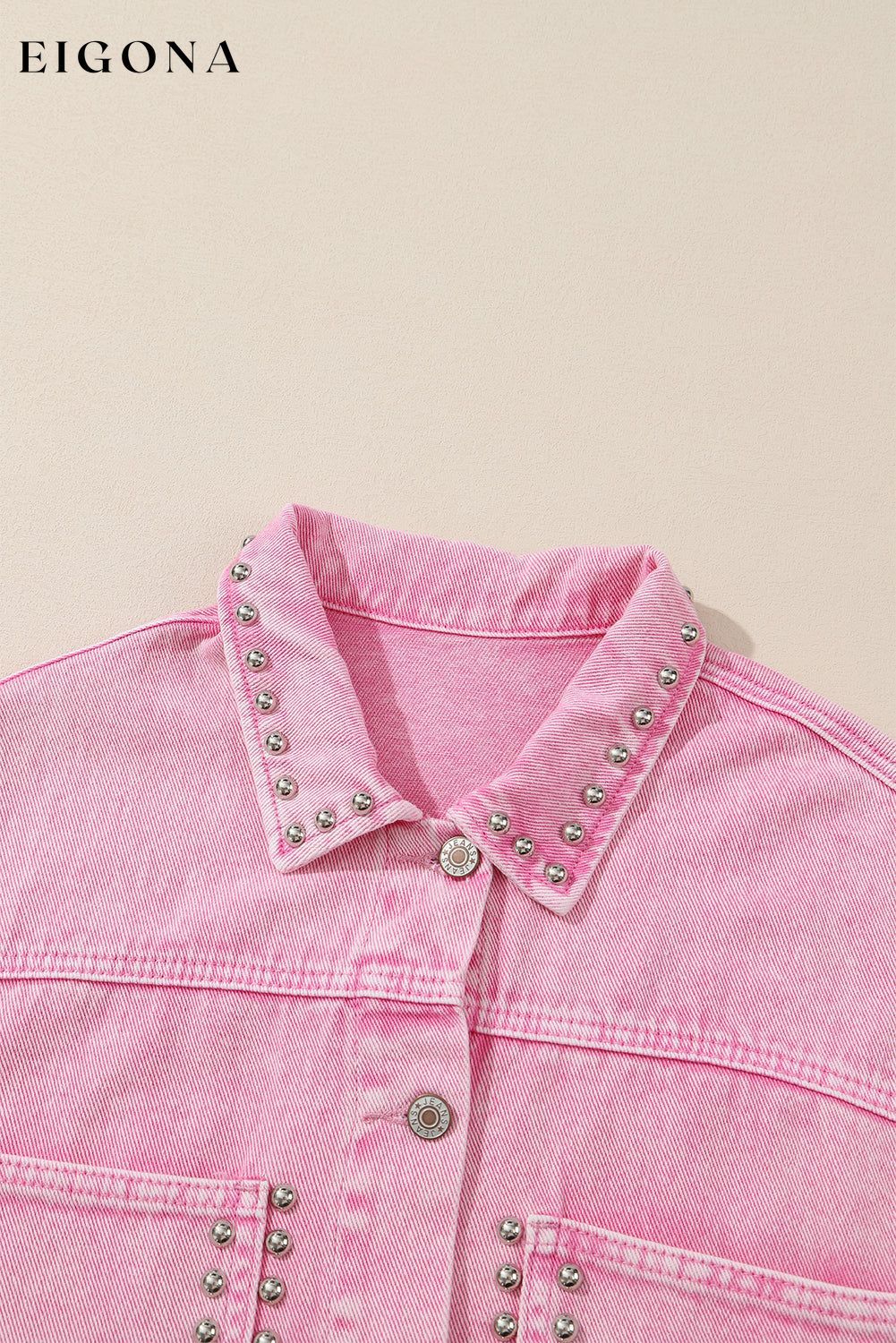 Pink Rivet Studded Pocketed Pink Denim Jacket All In Stock Category Shacket clothes Color Pink Craft Rhinestone Day Valentine's Day Fabric Denim Jackets & Coats Occasion Daily Print Solid Color Season Winter