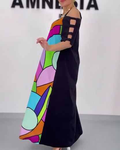 Lockeres Kleid mit schulterfreiem Kontrastdruck