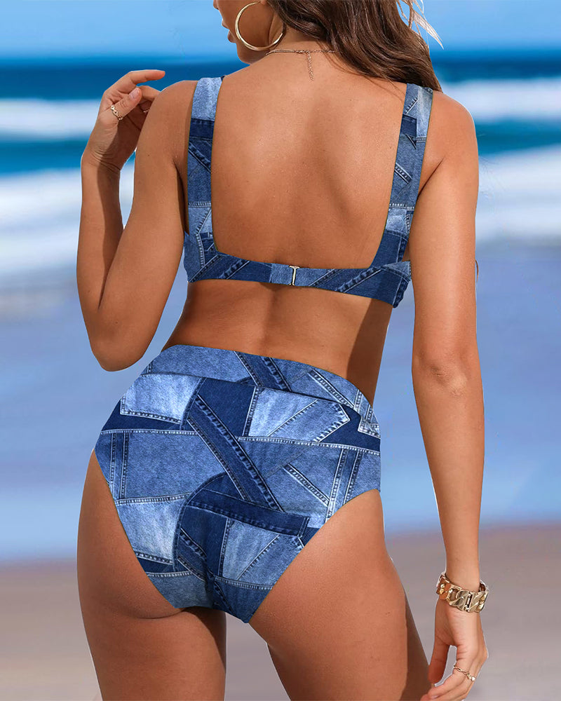 Bikini con slip a vita alta a contrasto retrò