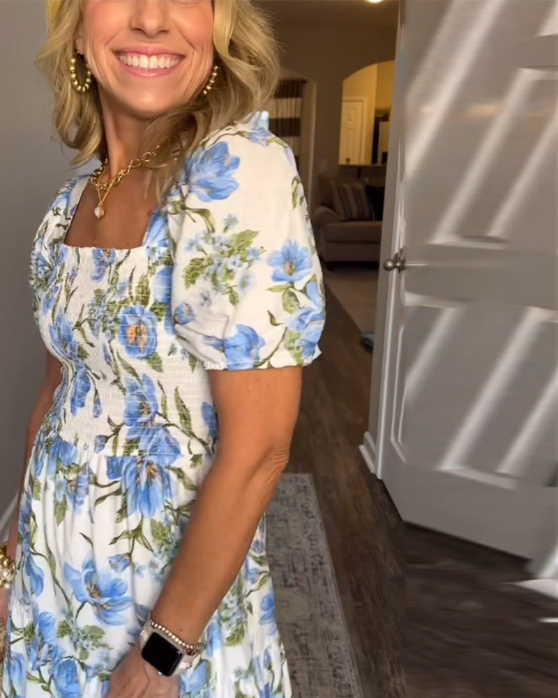 A-Linien-Kleid mit eckigem Ausschnitt, Plissee und Blumenmuster