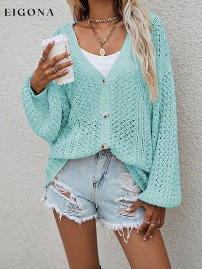 Openwork Button Front Cardigan Turquoise cardigan cardigans clothes Ship From Overseas sweater sweaters X.W