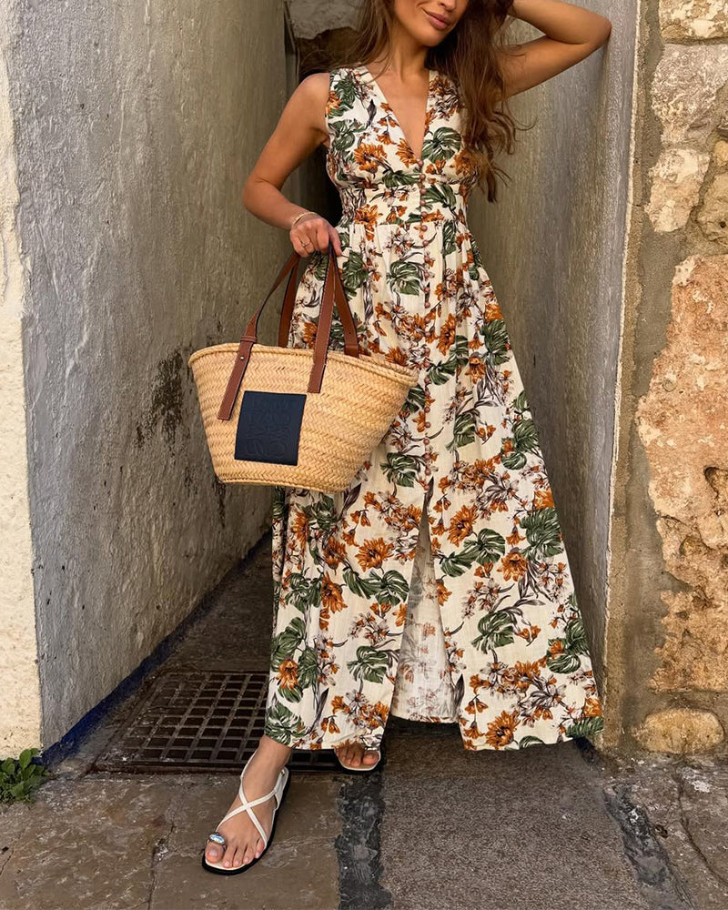 Holiday V-Neck Slit Floral Dress