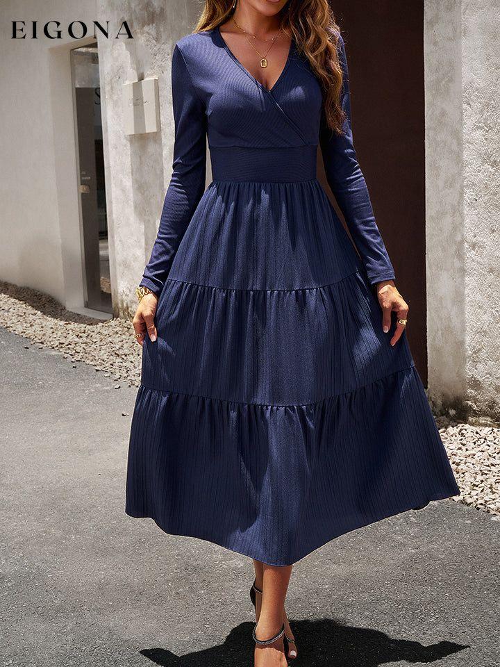 Surplice Neck Long Sleeve Smocked Waist Midi Dress Peacock Blue clothes DY Ship From Overseas trend