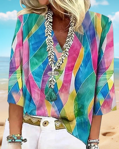 Bluse mit V-Ausschnitt und Kontrastfarbe