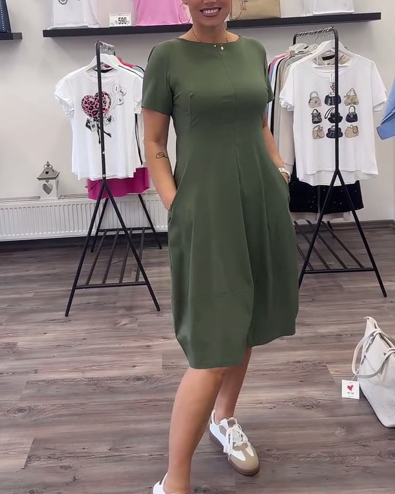 Round Neck Solid Color Waist Pocket Dress