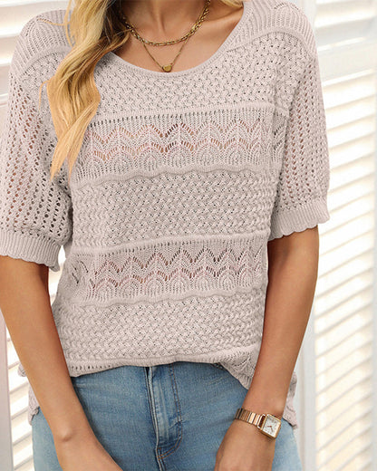 Women's Round Neck Hollow Knit Crochet Short Sleeve Sweater
