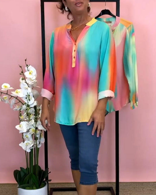 V-neck buttoned gradient long sleeve blouse blouses & shirts spring summer