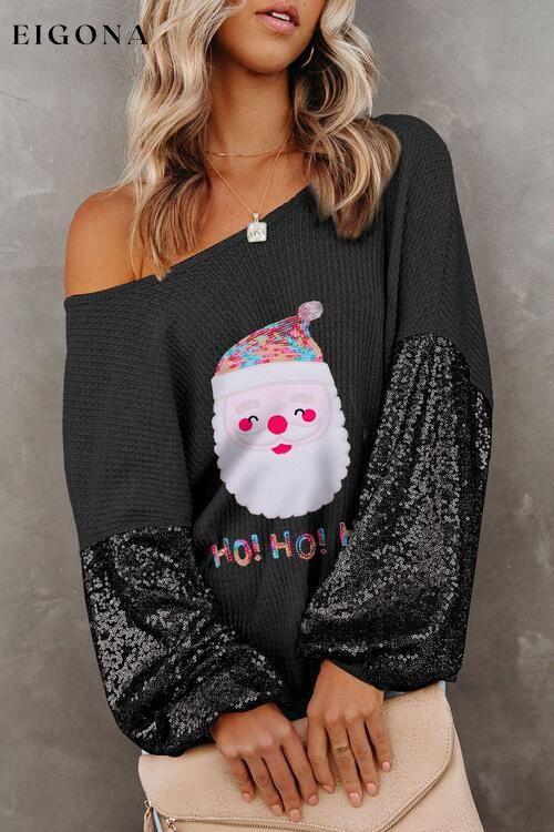 Waffle-Knit Santa Graphic Sequin Long Sleeve Blouse Black clothes Ship From Overseas SYNZ
