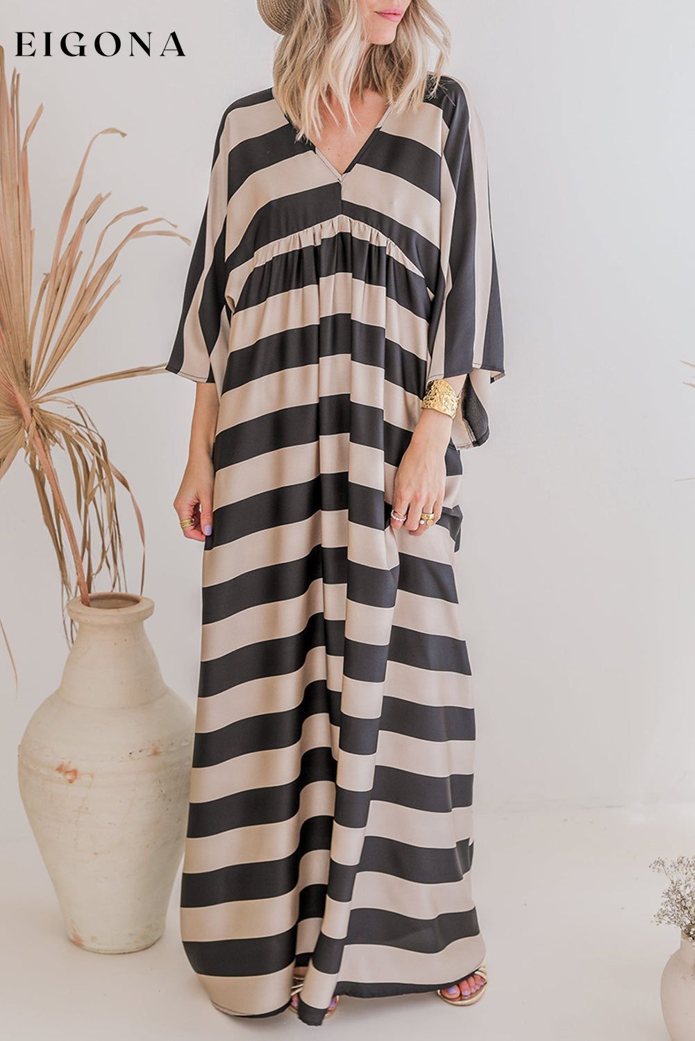 Black V Neck Kimono Sleeve Striped Maxi Dress All In Stock clothes Occasion Daily Print Color Block Season Spring Silhouette A-Line Style Casual