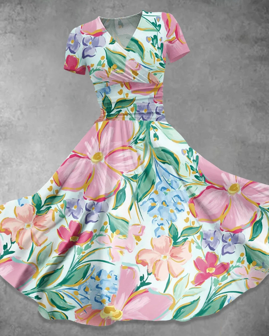 Floral print V-neck short-sleeve dress casual dresses summer vacation dresses