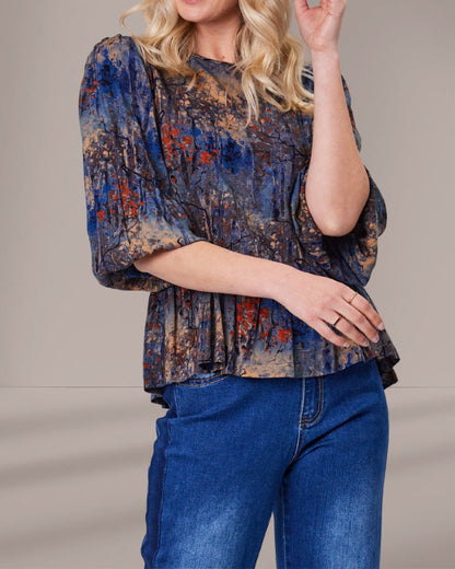 Lantern Sleeve Landscape Painting Blouse