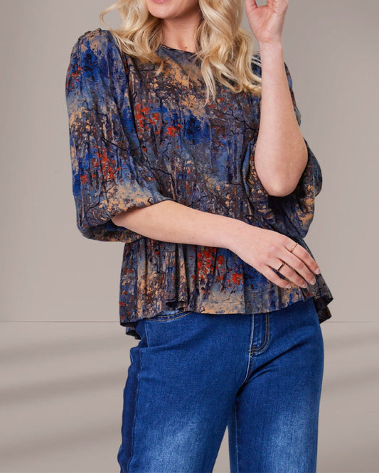 Bluse mit Laternenärmeln und Landschaftsmalerei