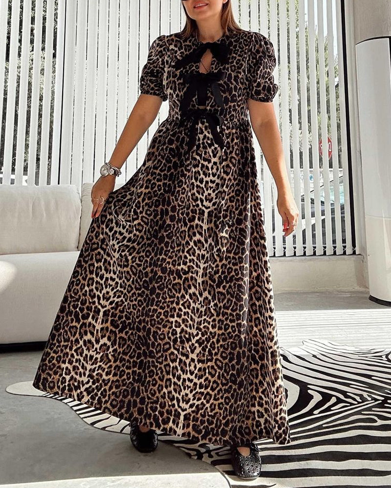 Vintage leopard print bow elegant dress 202466 casual dresses summer