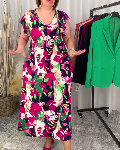 Kleid mit buntem Blumendruck und V-Ausschnitt