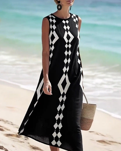 Sleeveless Diamond Pattern Loose Dress