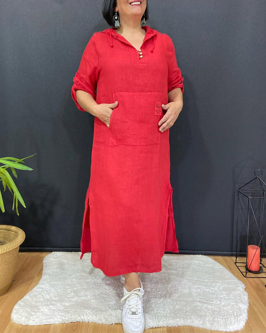 Lässiges Kleid aus Baumwolle und Leinen mit Schlitz und Kapuze
