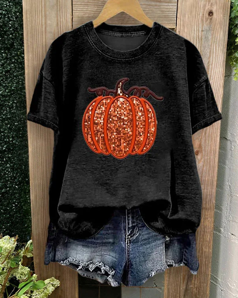 Women's Pumpkin Sequin T-shirt Halloween t-shirts thanksgiving